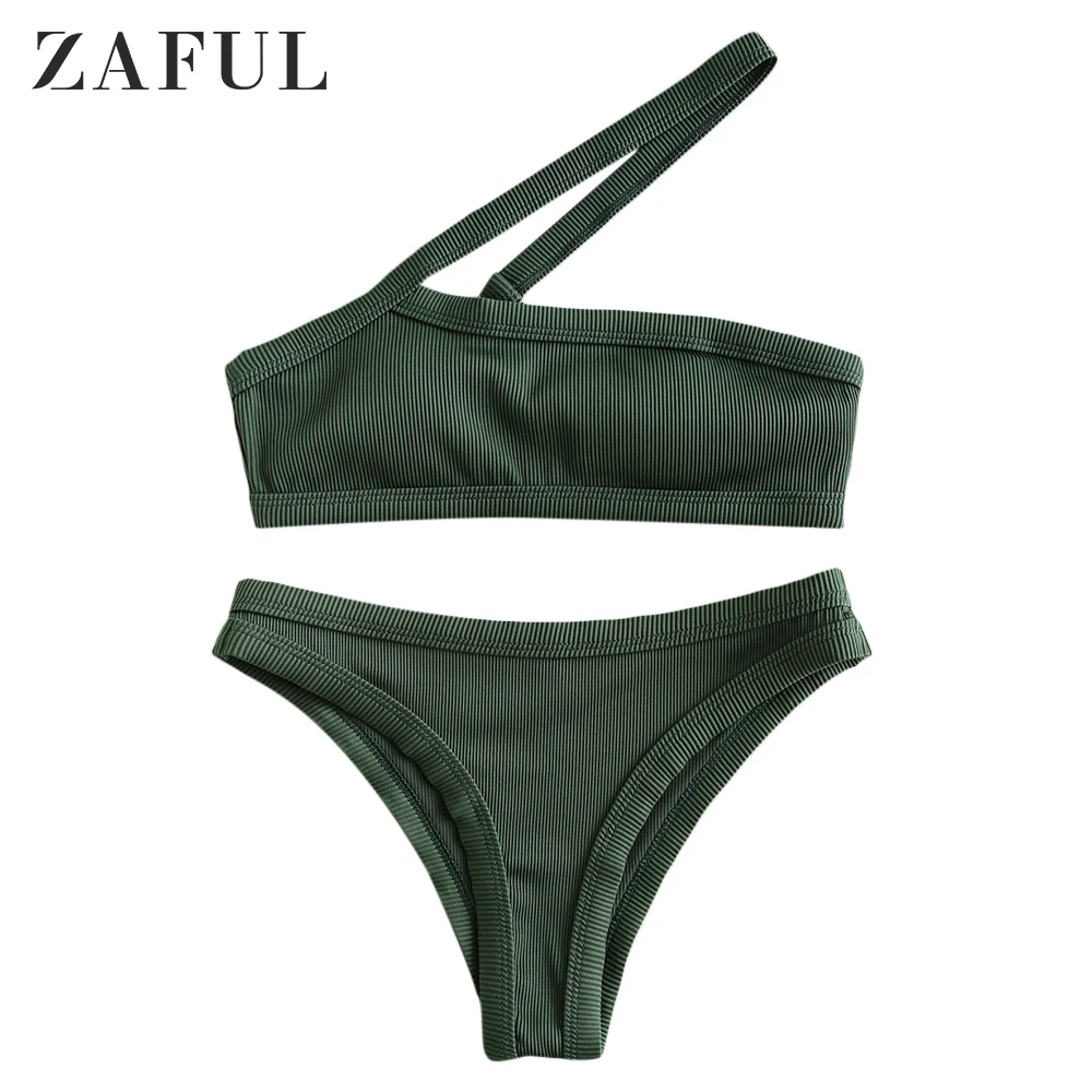 

ZAFUL Women Deep Green Textured Ribbed Asymmetrical One Shoulder Bikini Swimsuit Cut Out Bikini Sets Removable Padded Swimwear