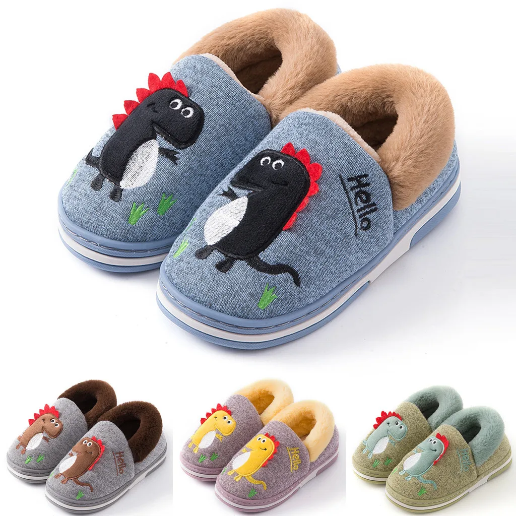 Children Kids Baby Girls Boys Indoor Dinosaur Cartoon Flock Plush Winter Warm Casual Shoes kids shoes Sapato Infantil pantuflas