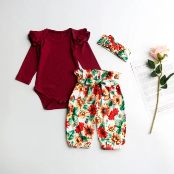 

New Autumn Baby Girl Clothes Sets Long Sleeve Cartoon Romper Tops Floral Trousers Headband Outfits Clothes