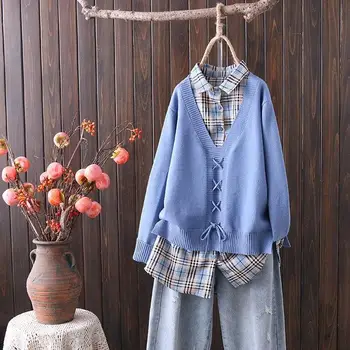 

Plus Size Women's Autumn Winter Sweaters Casual Long Sleeved Fashion Vintage False Two Pieces Outerwear