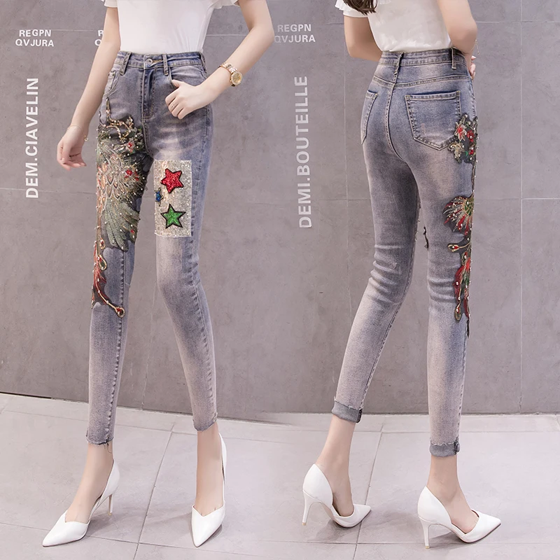 

Stretchy Plus Size Women Jeans Sequined Stars Peacock Embroidery Skinny Jeans Woman Pearls Skinny Pants High Waist Mom Jeans