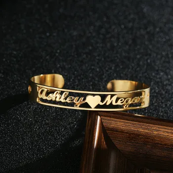 

Custom Nameplate Cuff Bracelet and Bangles Stainless Steel Gold Plated Personalized Name Heart Bracelets Birthday Party Jewelry