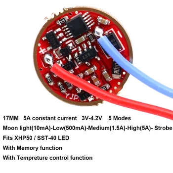 

17mm 3V - 4.2V 5A 1 cell 5-Mode Driver Circuit Board for Cree 3V XHP50.2 / Luminus SST-40 LED with Memory / Tempreture control