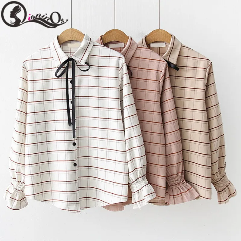 Women Blouse 2019 Sweet Autumn Winter Blouse Fashion New Long-sleeved Plaid Shirt Petal Sleeves Student Shirt Tops Women Blouse 2019 Sweet Autumn Winter Blouse Fashion New Long-sleeved Plaid Shirt Petal Sleeves Student Shirt Tops