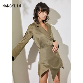 

Autumn New Light Army Green Suits Collar Double-breasted Blazer Long Shirt + Asymmetric Skirt Elegant Lady Skirt Sets 2 Piece
