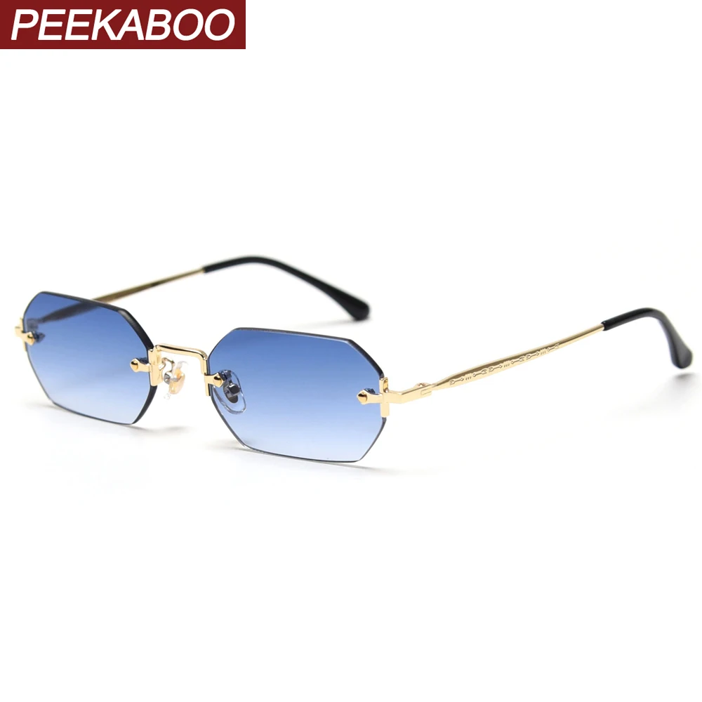 نظارات شمسية مستطيلة للرجال من Peekaboo بدون إطار، نظارات صغيرة ثمانية الأضلاع للنساء، معدنية ذهبية متعددة الأضلاع باللون الأزرق و...