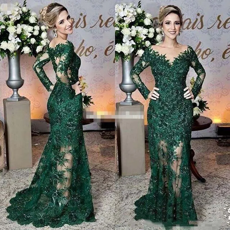 US $127.17 Newest Dark Green Mother of The Bride Dresses Sheer Jewel Neck Lace Appliques Long Sleeve Mermaid Formal Evening Prom Dress