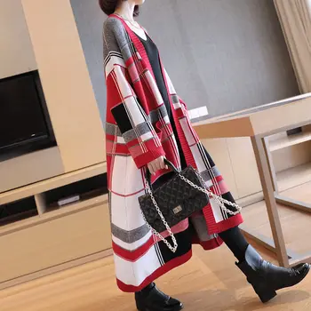 

Striped Plaid Sweater Coat 2019 Autumn and Winter New Women's Fashion Long Loose Sweater Thick Coat Plus Size Knit Jacket f1978