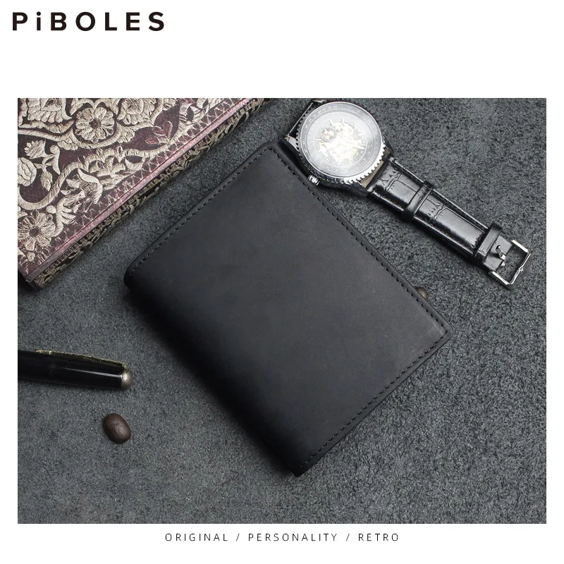 Portable Genuine Leather Men Wallet Handmade Cowhide Short Wallets Retro Credit Card Hodler Coin Purse Photo Slot Pocket