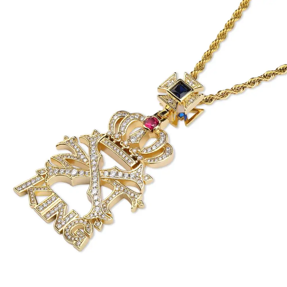 JINAO iced Out AAA CZ Камень Корона письмо КОРОЛЬ кулон и ожерелье микро проложили украшение золотистого цвета цепи с амулетом хип хоп ювелирные изделия - Окраска металла: Gold