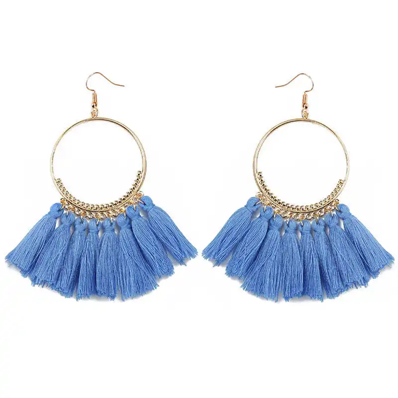 Винтажные висячие женские серьги-кольца Boho с бахромой, модные серьги в богемном стиле - Окраска металла: 10Dark Blue