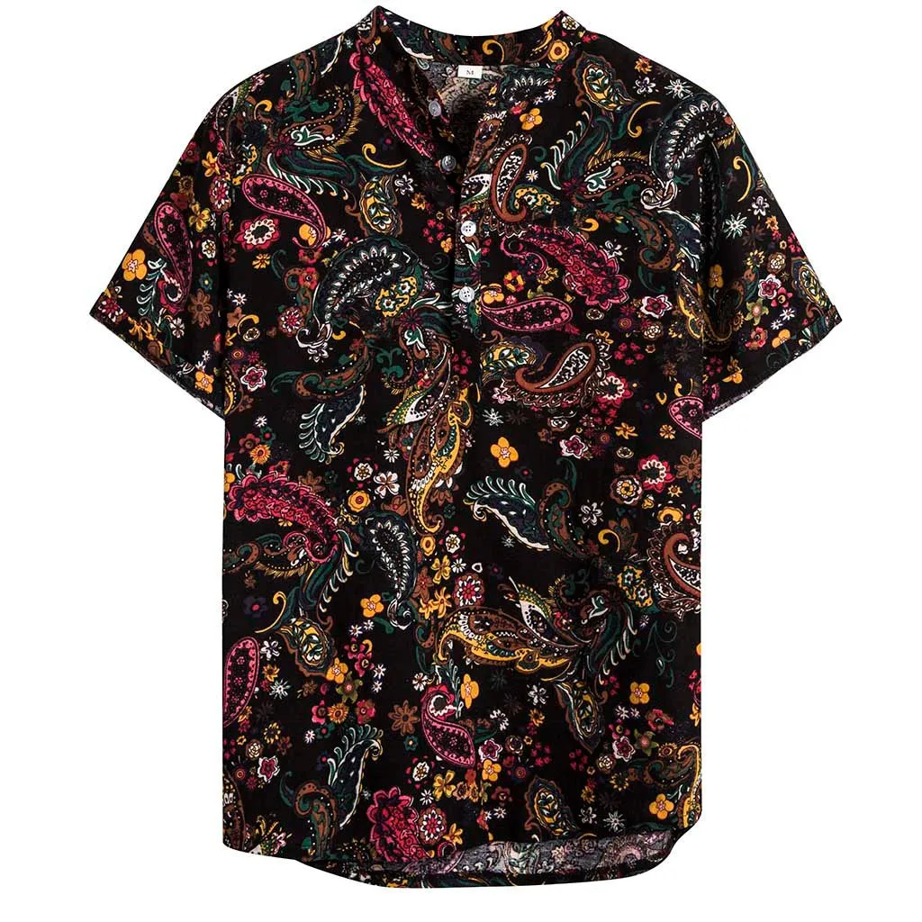 KLV для мужчин s Этническая короткий рукав Повседневная хлопковая льняной с принтом гавайская рубашка Блузка camisa masculina chemise homme рубашка для мужчин 9815