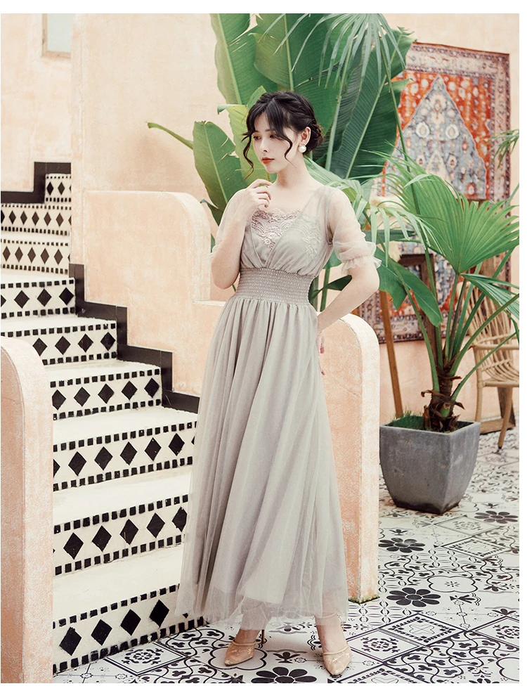 YOSIMI V-Neck Short Sleeve Chiffon Long Women Dress Summer Vintage Maxi Empire Beige Lace Ladies Party Dress Ankle-length