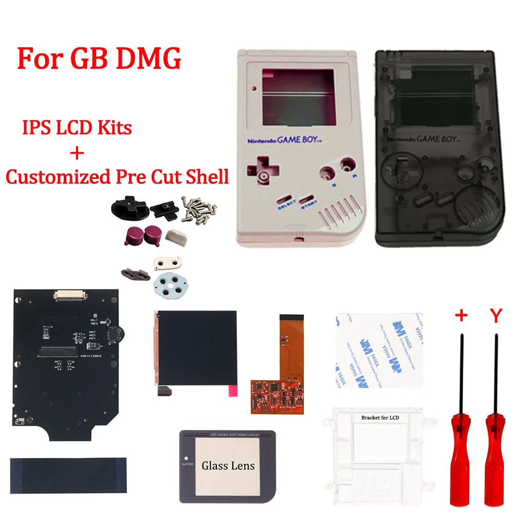 GB DMG IPS V2 LCD Screen Kits &Customized Pre-Cut Housing Shell With logo for GameBoy Classic GB DMG with button and rubber pads