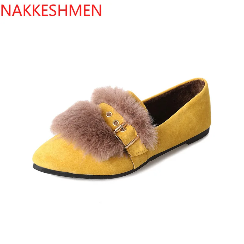 

Soybean Shoes Female 2018 Autumn Winter New Sharp Head Flat Bottom and Velvet Warm Non-slip One Foot Fluffy Shoes Wholesale