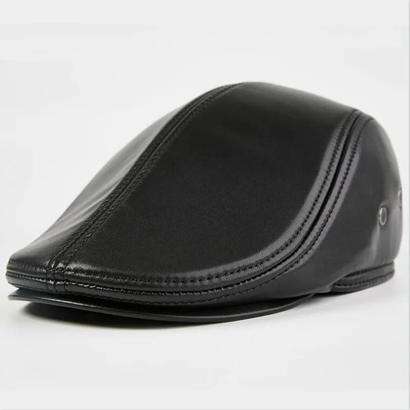 

H7632 Genuine Leather Beret Cap Male Sheepskin Forward Berets Hat Middle-aged Men Warm Autumn Winter Fashion Solid Color Caps