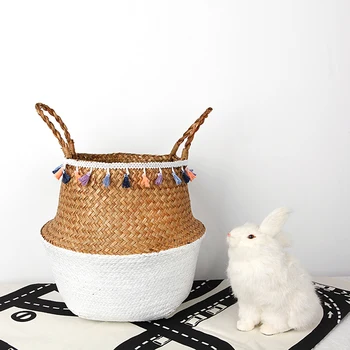 

3pcs Set Storage Baskets Foldable Laundry Wicker Rattan Seagrass Woven Basket Belly Garden Planter Basket Neatening Baskets