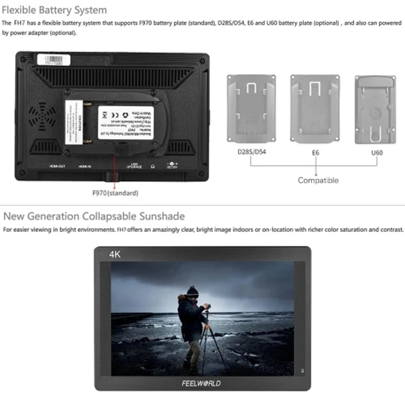 Feelworld FH7 7 Inch IPS LCD 1920 x 1200 Full HD On-Camera Monitor Display Support 4K HD Input Output 1200:1 Contrast 450Cd/Squa