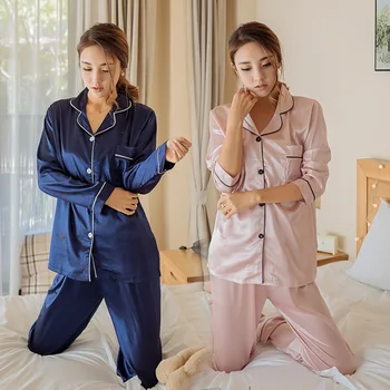 

Large Size Imitated Silk Pajamas Women's Spring And Autumn Korean-style Casual Small Fold-down Collar Cardigan Tracksuit Long