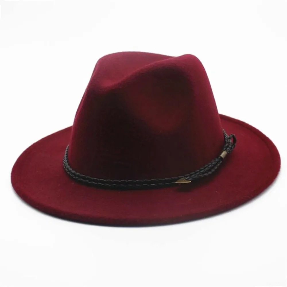 Ретро Fedora шляпа для мужчин и женщин шерсть мягкая фетровая шляпа широкая шляпа Повседневная дикая шляпа размер 56-58 см - Цвет: Wine Red