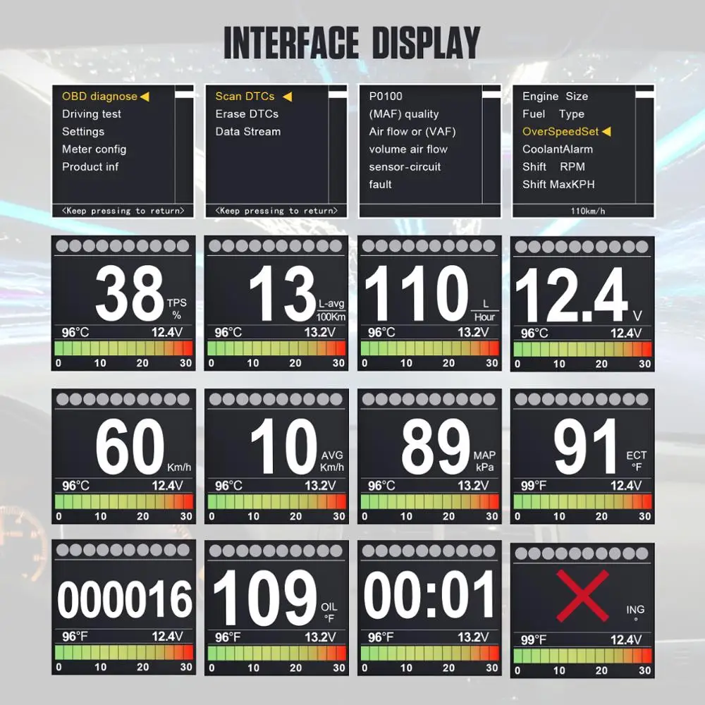 Autool X60 БД метр OBD 2 HUD цифровой Температура Манометр Цифровой Напряжение Скорость
