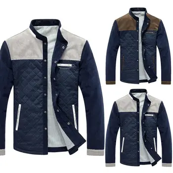 

Men Winter Long Sleeve Stand Collar Color Block Buttons up Corduroy Slim Jacket Men's pattern spliced stand-up collar jacket