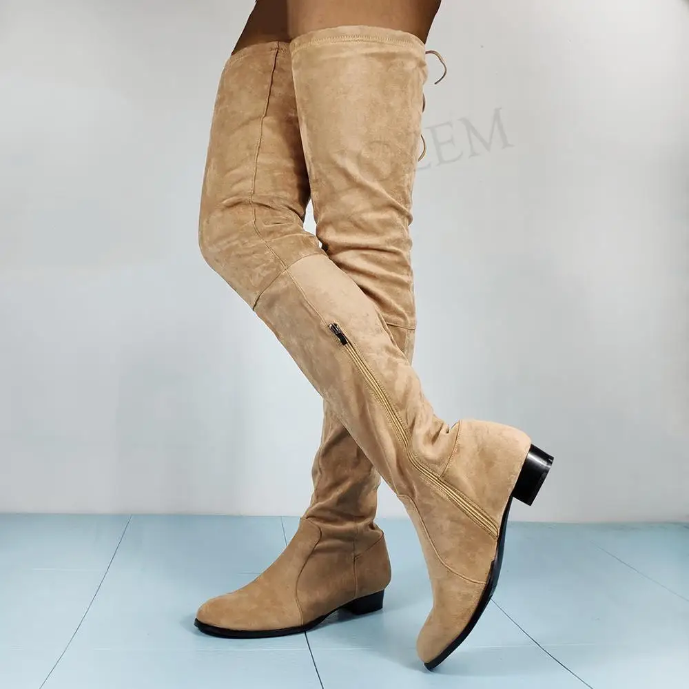 LGZ993 Camel LAIGZEM/женские ботфорты из верблюжьей искусственной замши; Сапоги на молнии на низком каблуке; классические сапоги до бедра; Botines Botas; размеры 47, 50, 51, 52 - Цвет: LGZ993 Camel
