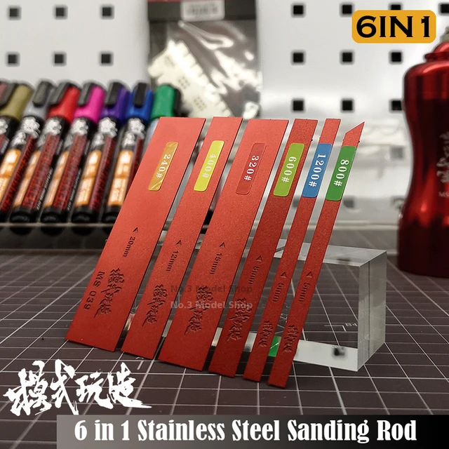 Military Model Gundam Updated Version 6 in 1 Stainless Steel Sanding Rod Fine polishing article Hobby Grinding Tools Model Building Kits TOOLS Material: Metal