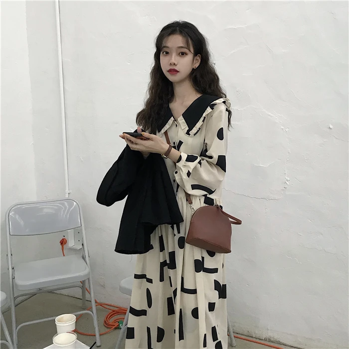 Женские платья японские Harajuku Ulzzang повседневные свободные кукольный воротник платье с принтом женский корейский кавайный милый одежда для женщин