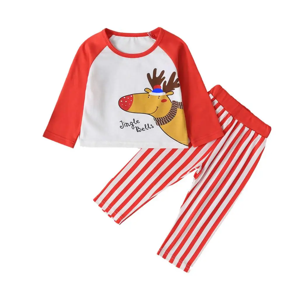 Одежда для новорожденных, топы с рождественским оленем для маленьких девочек, модные штаны в полоску с рисунком лося, одежда для сна для малышей - Цвет: Red