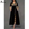 Elegant Women Plus Size 4xl 5xl Long Plaid Party Dresses Irregular Ladies Vintage Button Dress