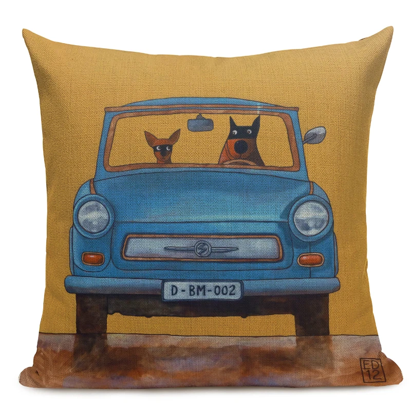Hot Sale Pillow Lovely Cartoon Dog Cat Color Driving Car Vintage Almofadas 45X45CM Linen Pillow Decorative Linen Cushion Cover