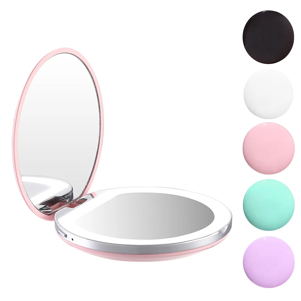 

Portable Travel Makeup Mirror Round Magnifying With LED Lights For Beauty Cosmetic Black/Pink/White/Purple/Green