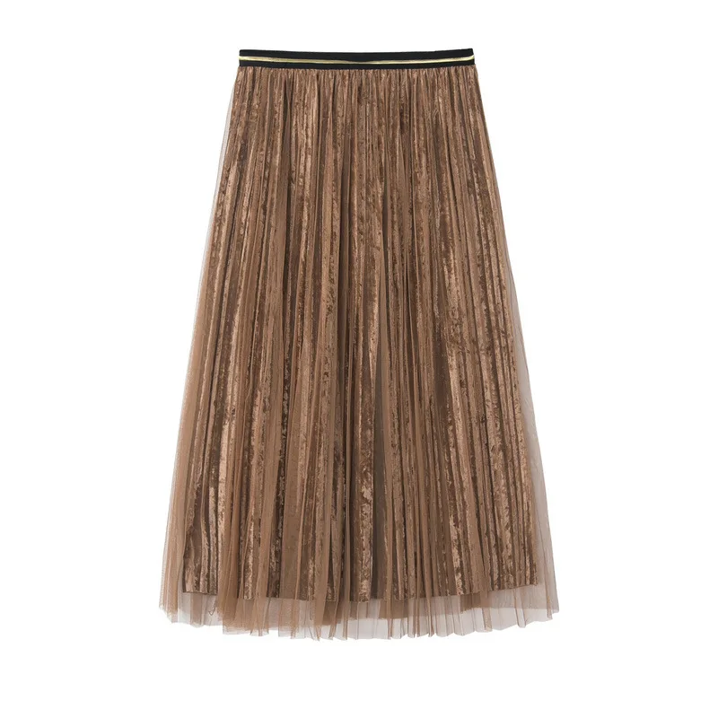 Новая осенне-зимняя бархатная плиссированная юбка Женская эластичная сетчатая юбка с высокой талией, Лоскутная фатиновая юбка трапециевидной формы, повседневная юбка миди до колена