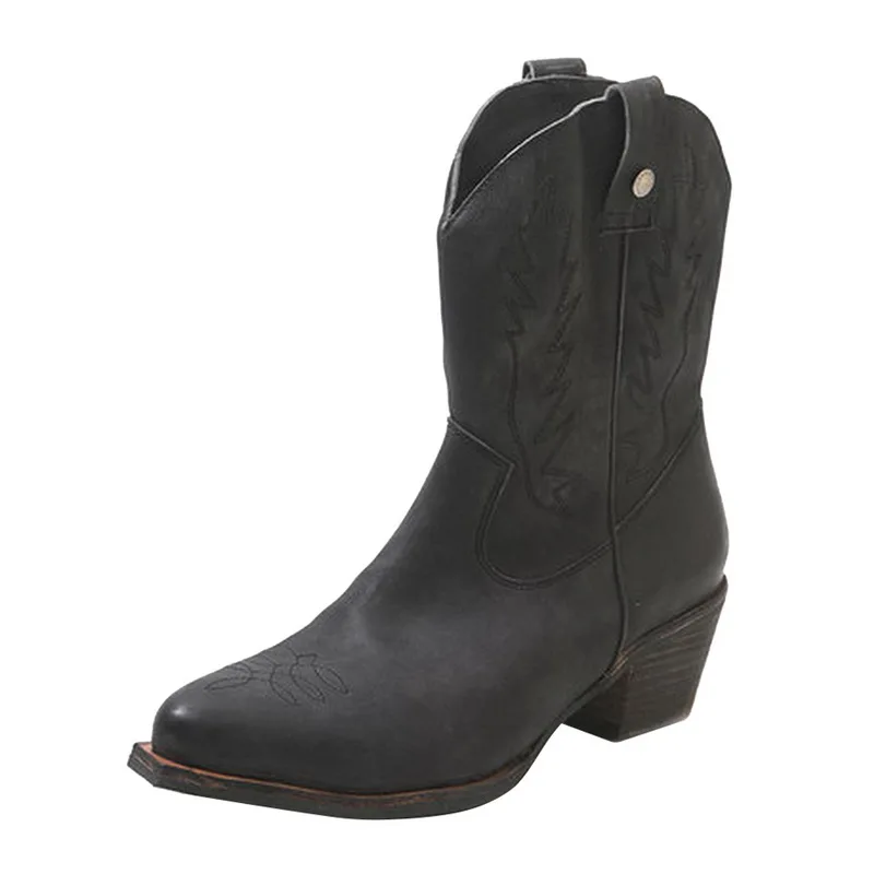 Litthing; классические ковбойские ботинки с вышивкой для женщин; кожаные женские ковбойские ботинки; обувь на низком каблуке; женские сапоги до колена