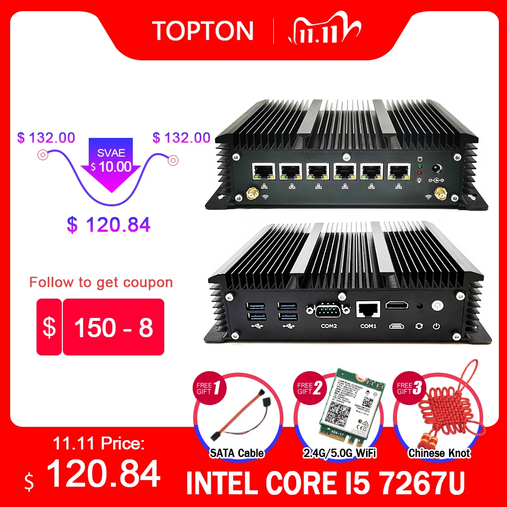 Fansız 6 lan endüstriyel Mini PC Intel Core i5 7267U i3 7167U 3865U güvenlik duvarı PC Pfsense Router 4 * USB3.0 2 * RS232 HDMI 4G/3G WiFi