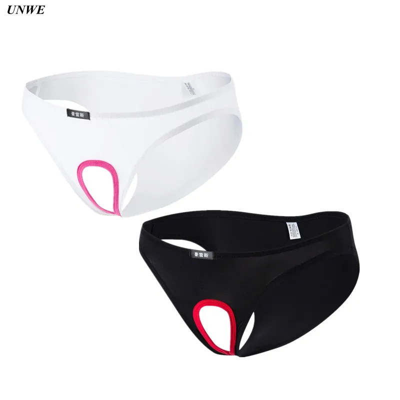 Penis Hole Pouch Underwear Open Mens Erotic Briefs Exposed Cock Gay Sexy Underwear Sissy Ice Silk Panties M-XXL men stretch g string panties,men stretch thong underwear,men patent leather briefs