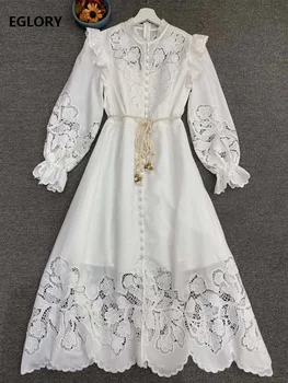 

Top Quality New 2020 Autumn Long Party Vestidos Women Hollow Out Lace Embroidery String Belt Deco Long Sleeve White Maxi Dress