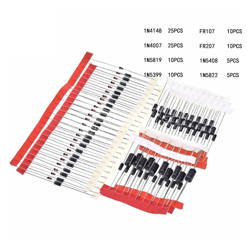Набор диодов Schottky 1N4148/1N4007/1N5819/1N5399/1N5408/1N5822/FR107/FR207 8 видов = 100 шт. электронные