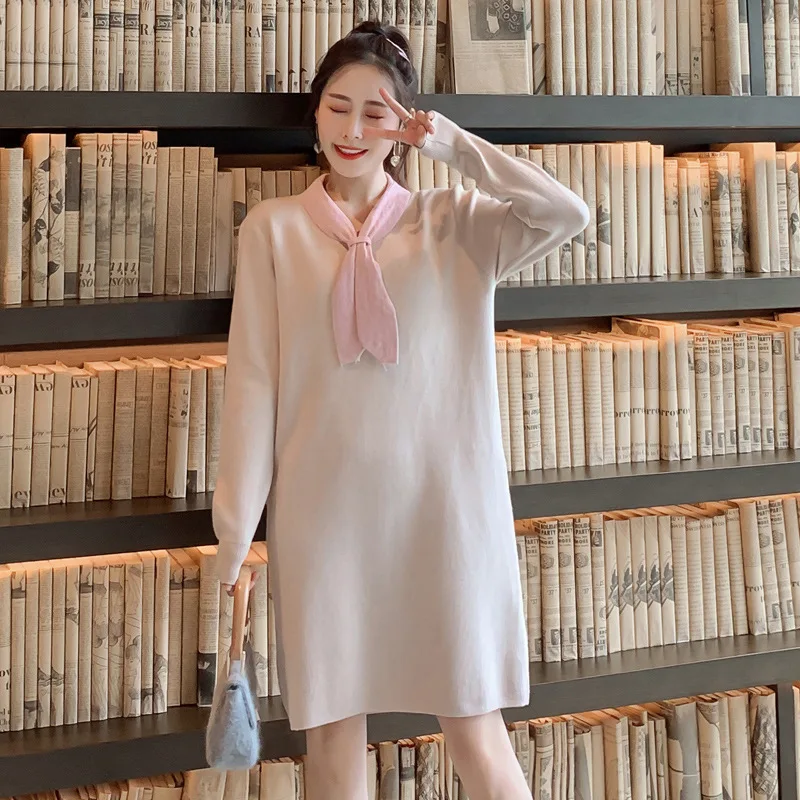 

Photo Shoot 2019 Maternity Clothes Autumn And Winter Fashion Sweater Knitted Elastic Elegant Dress Cute Large Size Dress