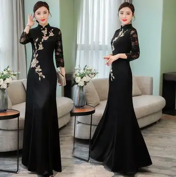 

Sexy Chinese Style Floral 3/4Sleeve Package buttocks Chiffon Party Long Dress
