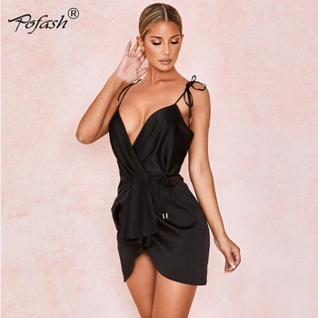

POFASH 2020 Black Satin Solid Party Dress V-Neck Split Drawstring Sexy Summer Dress Night Club Tie Spaghetti Strap Mini Dress