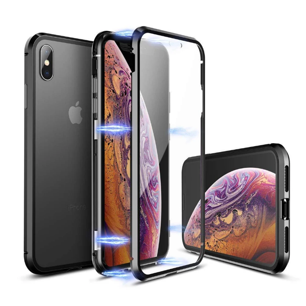 Black Магнитный чехол из закаленного стекла для iPhone 11 Pro X XS MAX XR 7 8 Plus, магнитный металлический бампер для samsung Galaxy Note 10 Plus - Цвет: Black