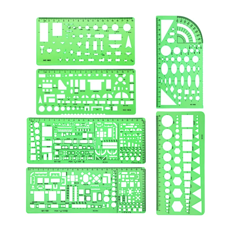 

6 Pieces Plastic Measuring Templates Building Formwork Stencils Geometric Drawing Rulers for Office and School,Green