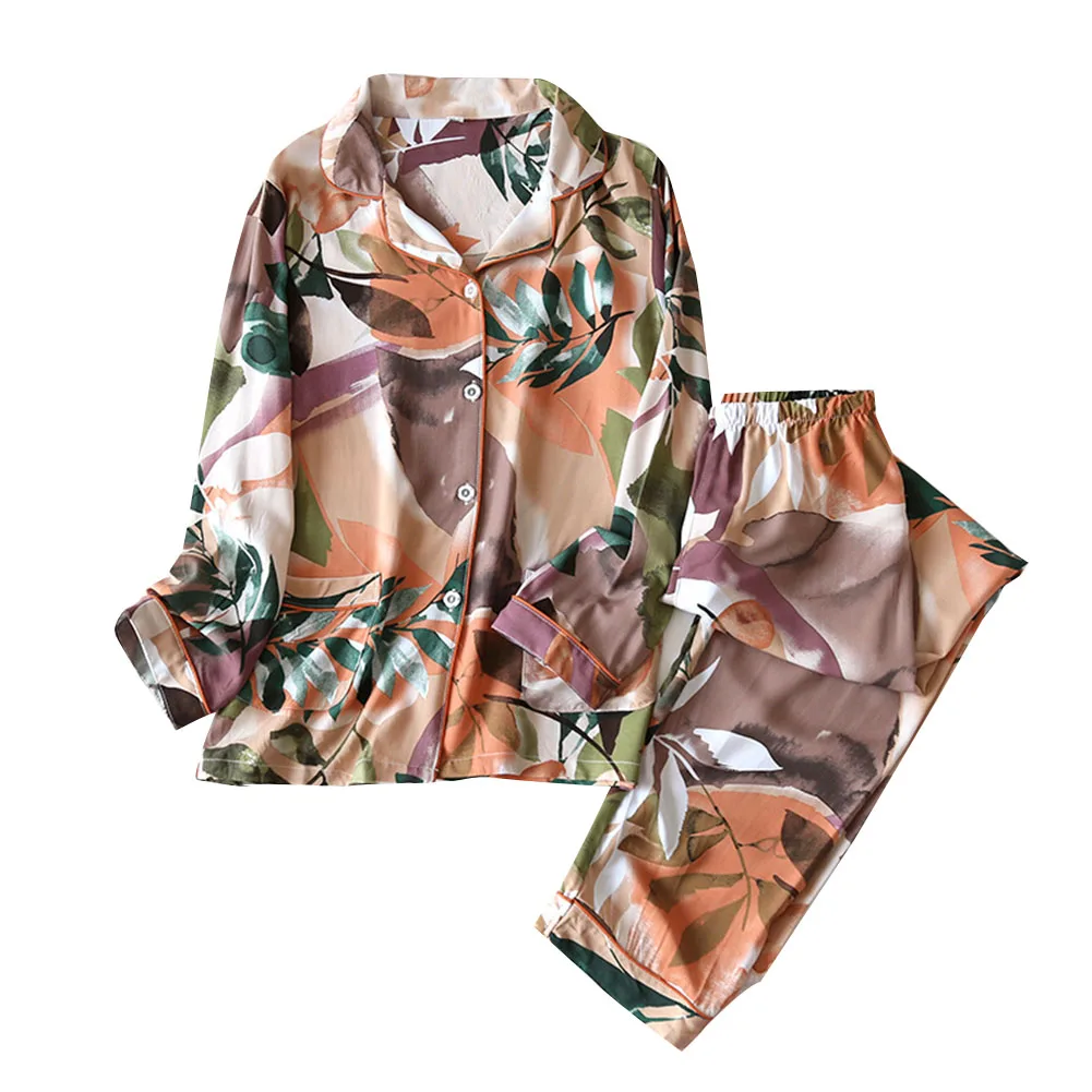 

Women Pajama Set Long Sleeve Print V Neck Button Top + Loose Trousers Summer Cotton Home Clothes