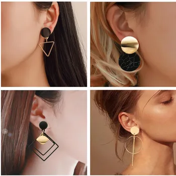 

Korean Statement Black Acrylic Drop Earrings for Women 2020 Fashion Jewelry Vintage Geometric Gold Asymmetric Earring
