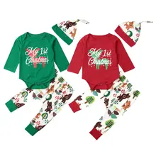 Одежда для малышей с надписью «My 1st Christmas»; боди для новорожденных мальчиков и девочек; Топы Брюки шляпы; Осенняя Рождественская одежда