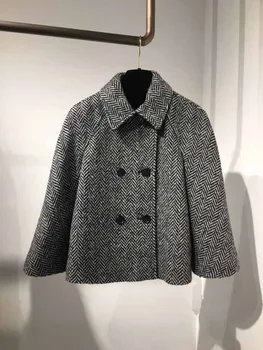 

Autumn/ Winter New Herringbone Striped Twill Wool Cape Short Coat