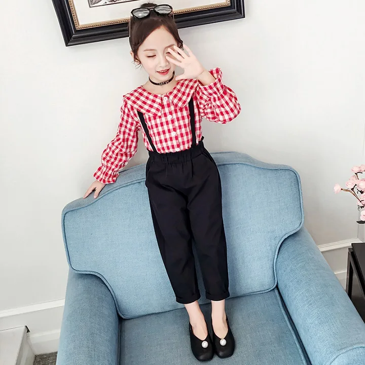Красный Casual Baby Girls Clothes New Plaid Cotton Shirts+ Suspender Pants 2PC Sets Fashion Kids Outfits Vestidos for 6 8 10 12 Years - Цвет: Красный