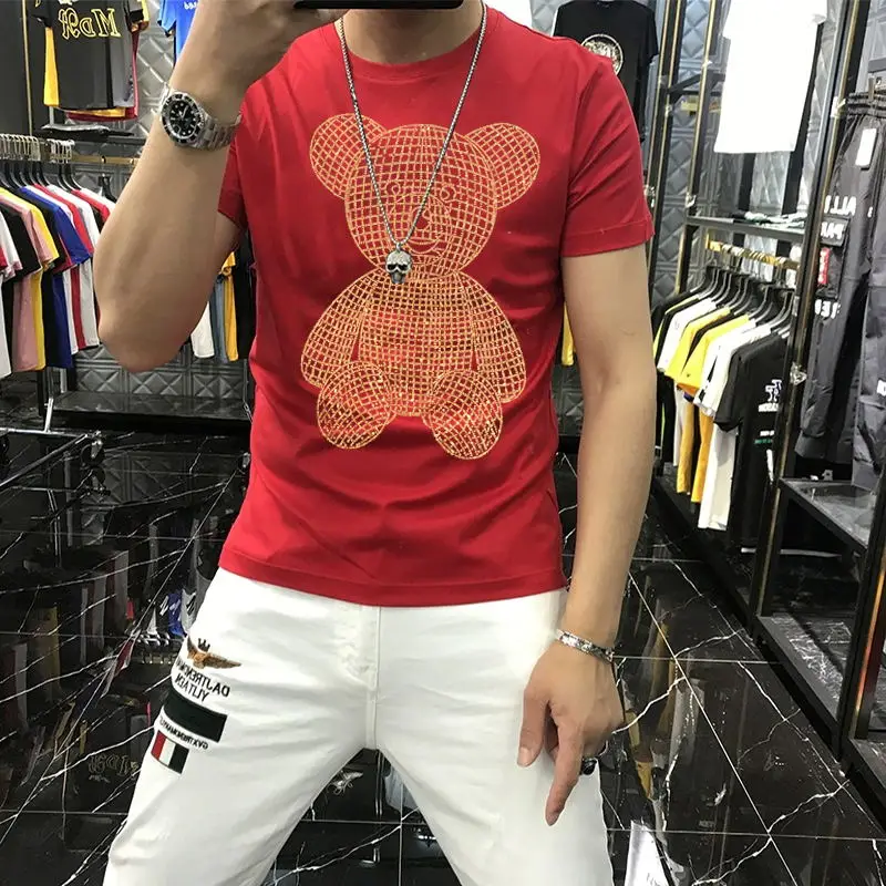 Men's Summer Luxury Comfortable Fabric Hip Hop Slim Brand T-Shirt Fashion  Cartoon Hot Rhinestone Short Sleeve